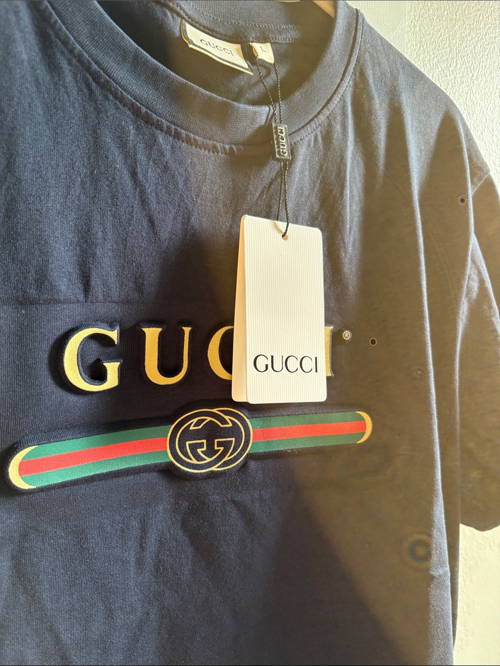 Gucci Navy Short Sleeve Logo Tee with Red-Green Stripe - Picture 2 of 5